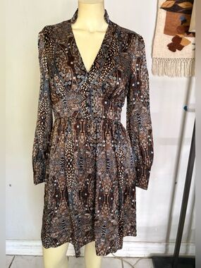 Alice Ritter Silk Print Pattern Long-Sleeve Mini Dress Size 4